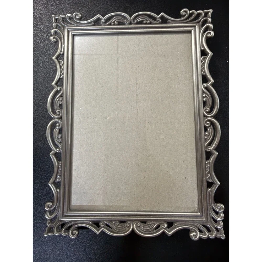 Vtg Style Ornate Metal Picture Frame Pewter Finish Victorian Baroque Look 5 x7
